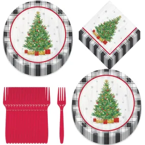 Vintage Christmas Tree Buffalo Plaid Holiday Party Paper Dinner Plates, Lunch Napkins, and Forks (Serves 16)