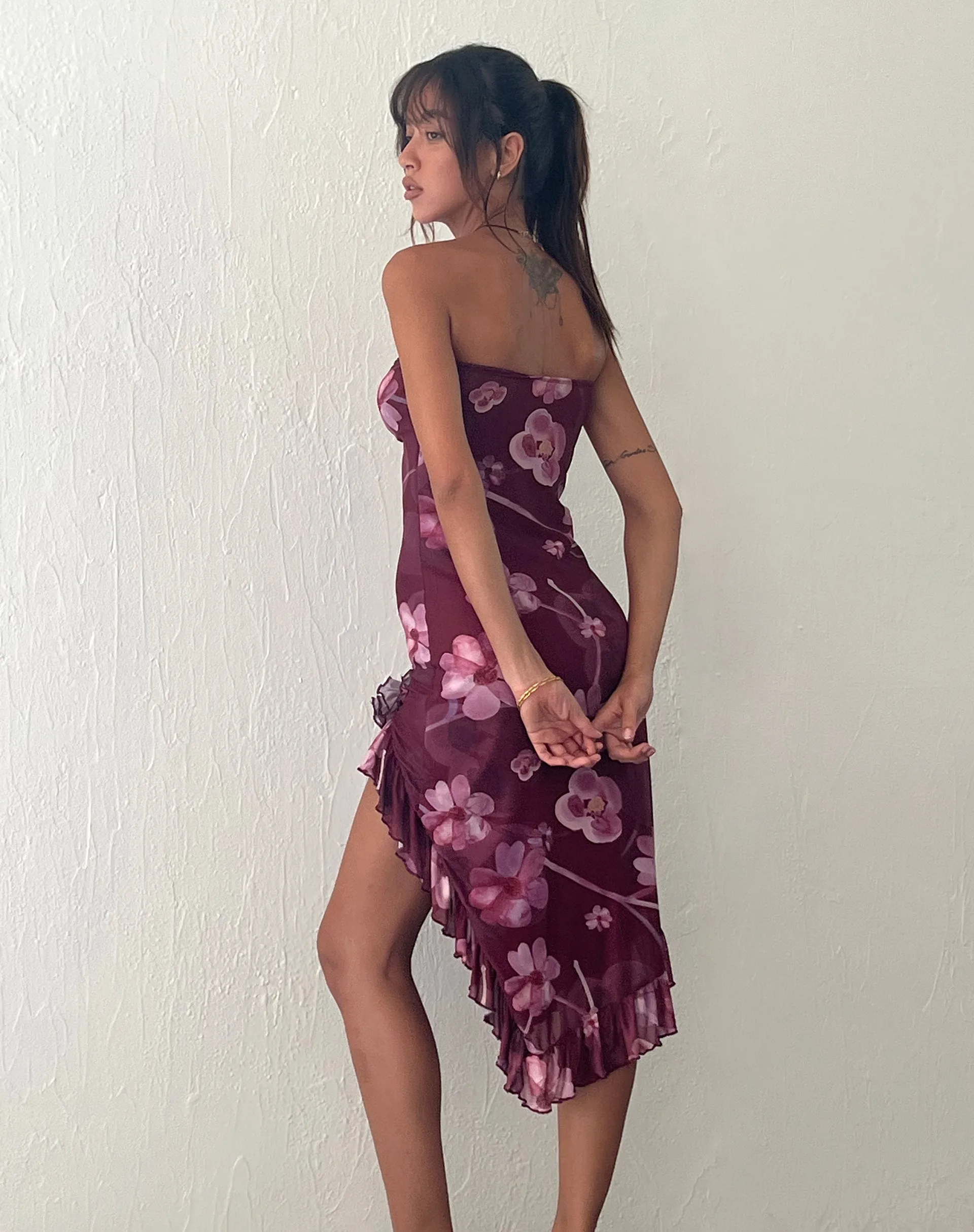 Weti Bandeau Mini Dress with Waterfall Hem in Watercolour Floral Berry