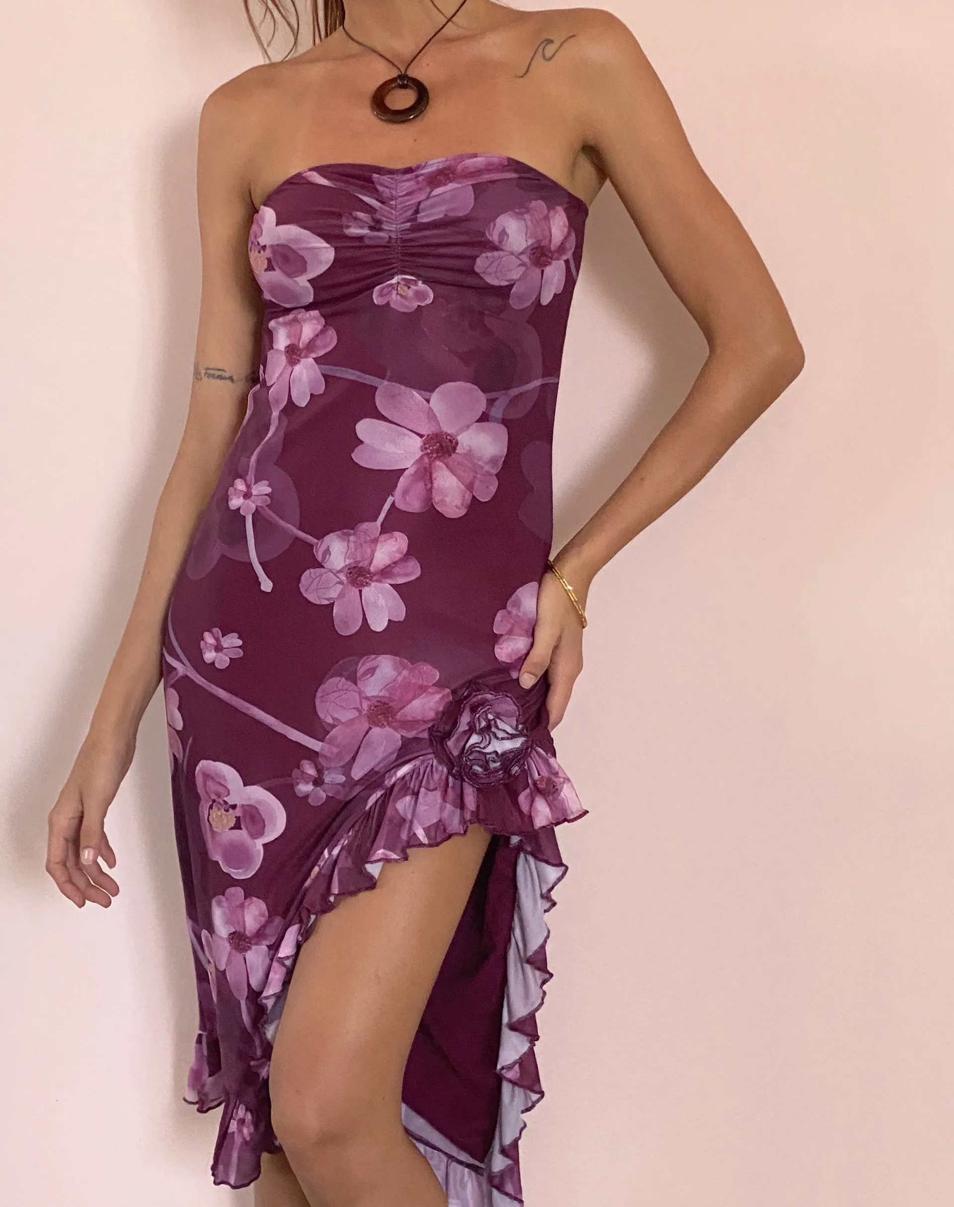 Weti Bandeau Mini Dress with Waterfall Hem in Watercolour Floral Berry