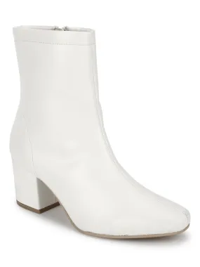 White PU Zip Up Block Heel Ankle Boots