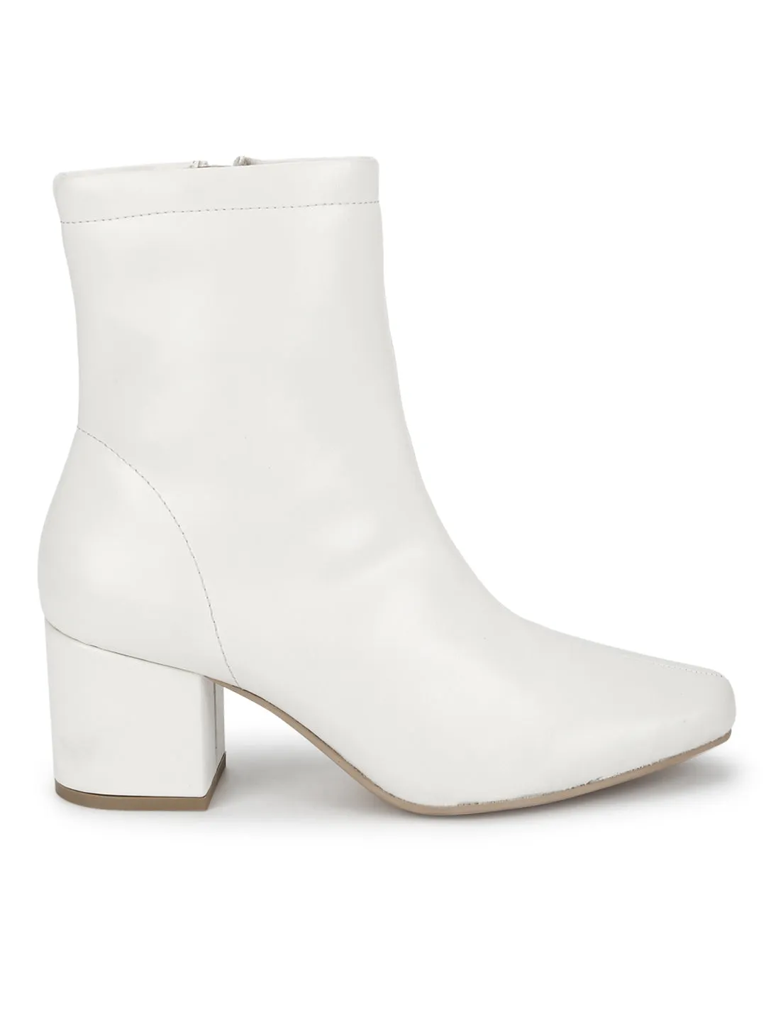 White PU Zip Up Block Heel Ankle Boots