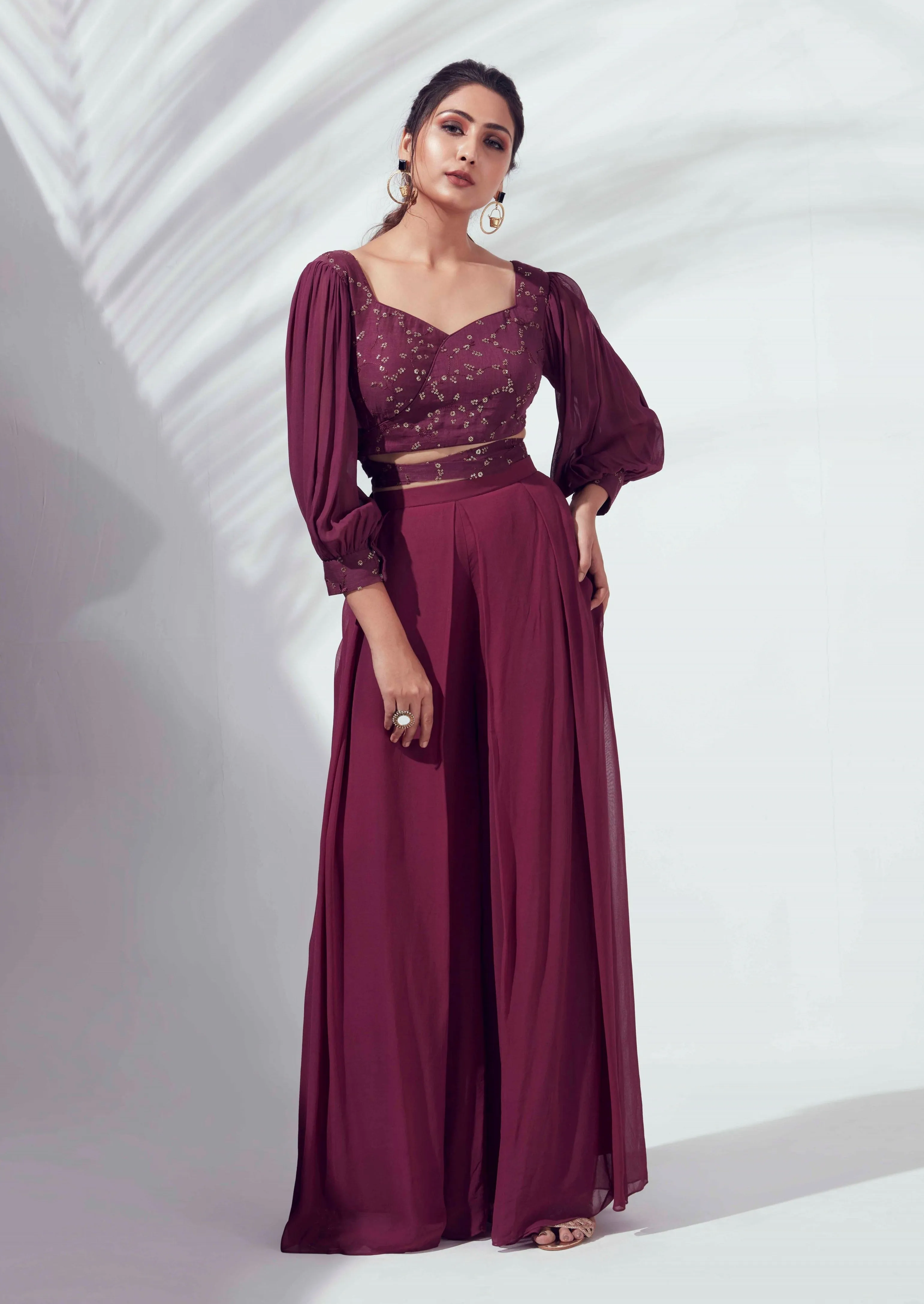 Wine Georgette Flared Pant Set