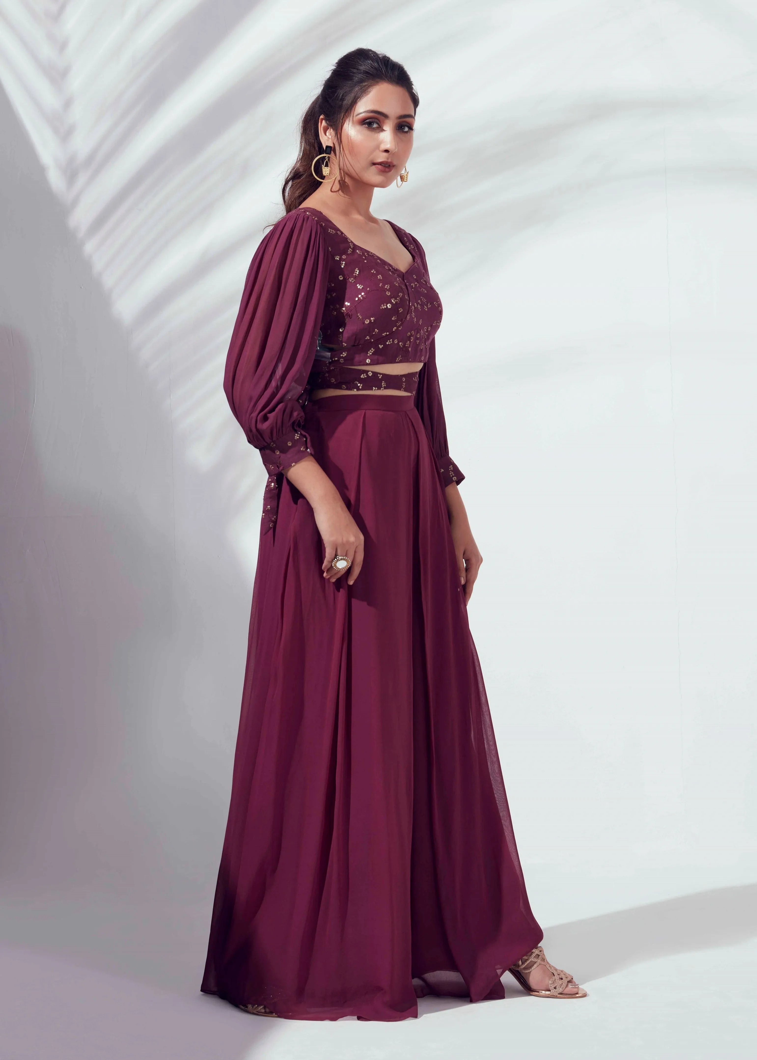 Wine Georgette Flared Pant Set