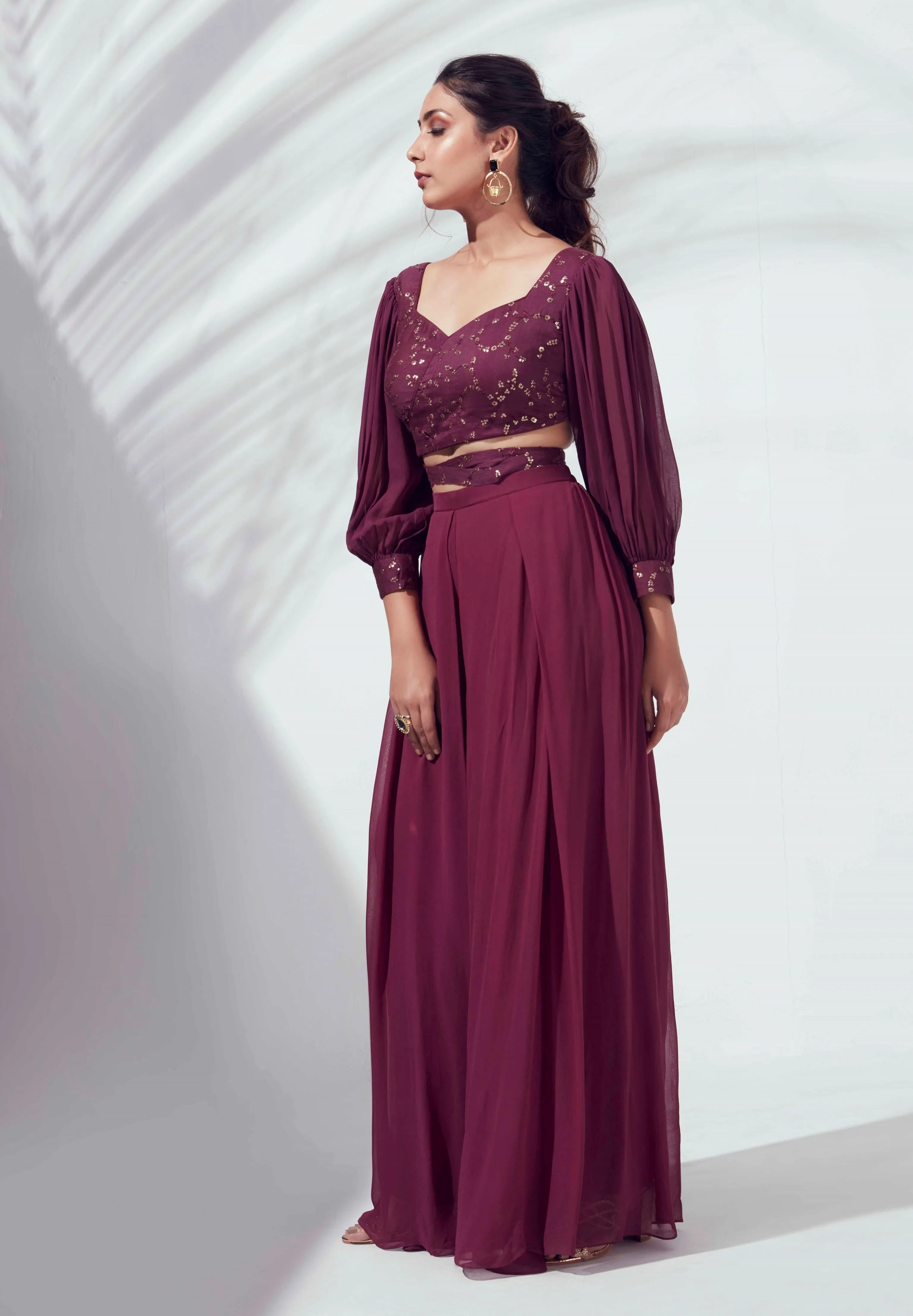 Wine Georgette Flared Pant Set