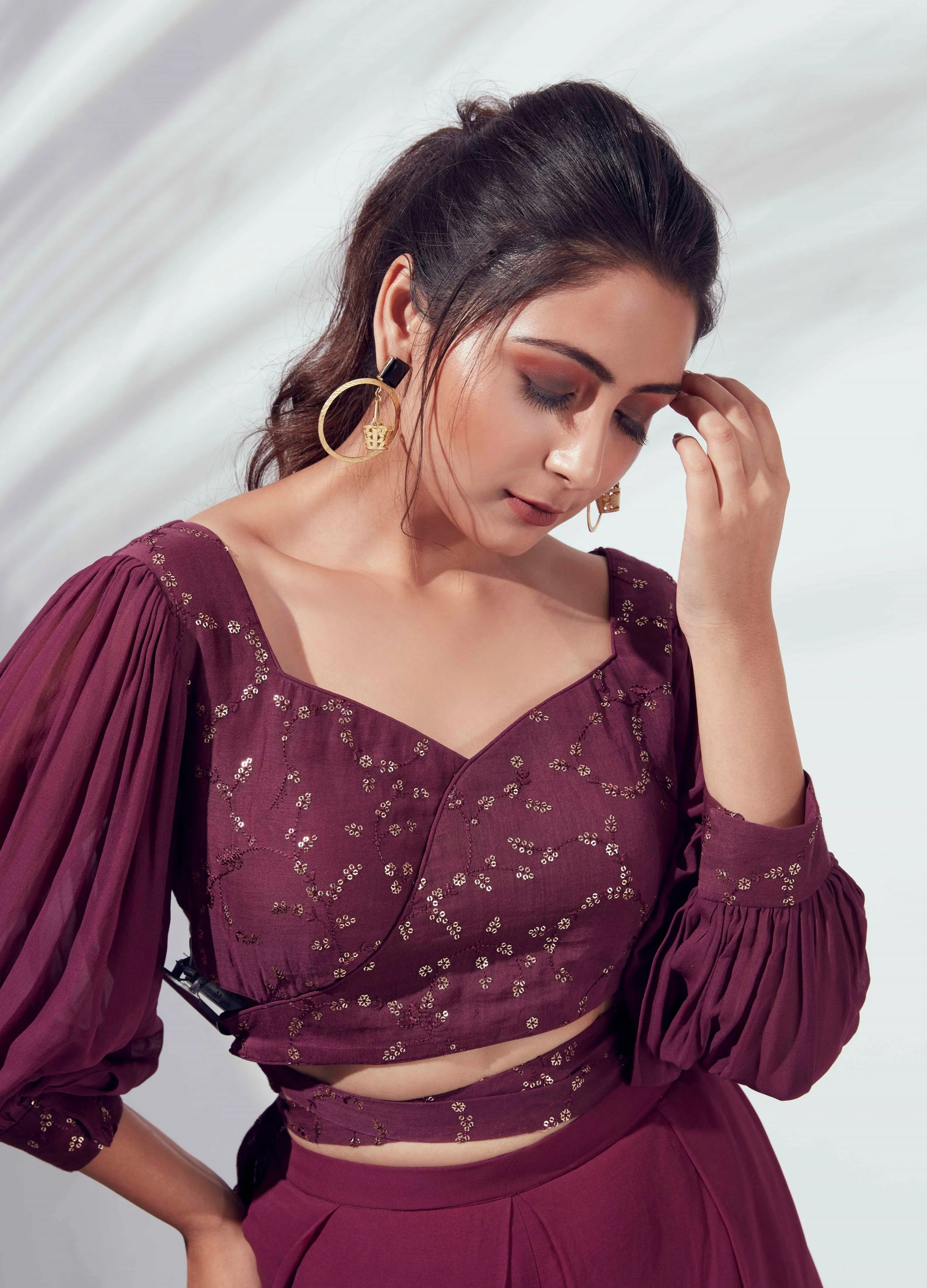 Wine Georgette Flared Pant Set