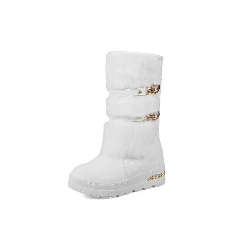 Women chunky platform buckle strap mid calf snow boots