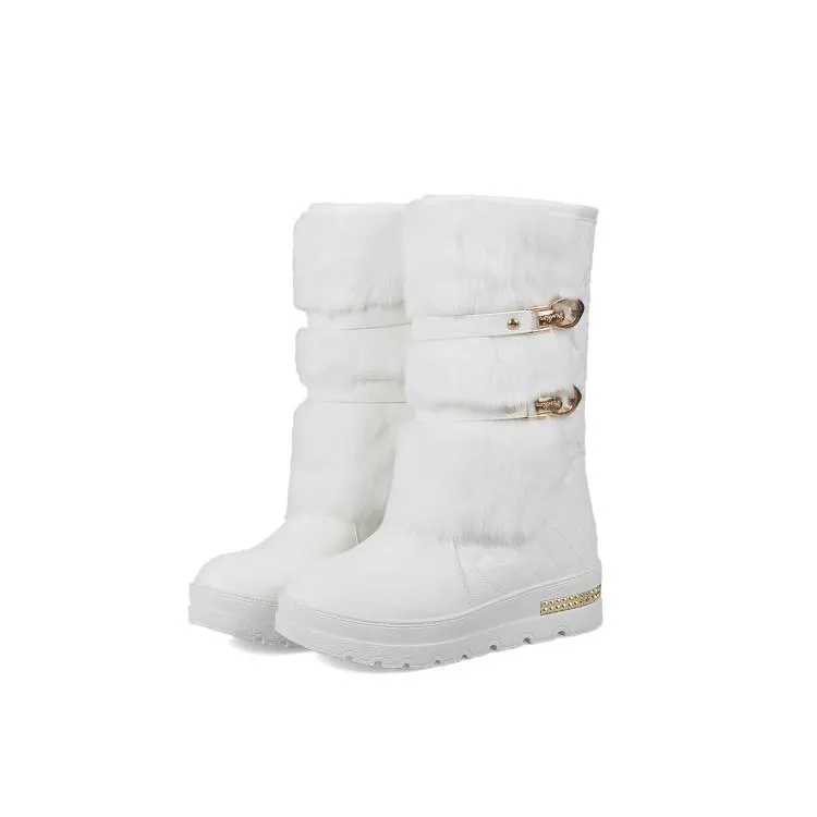 Women chunky platform buckle strap mid calf snow boots