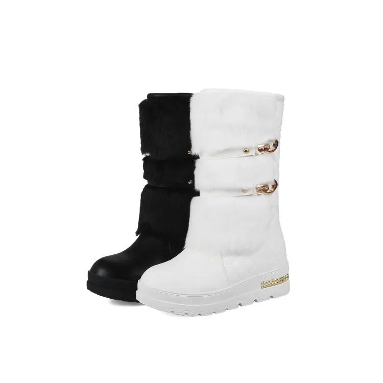 Women chunky platform buckle strap mid calf snow boots