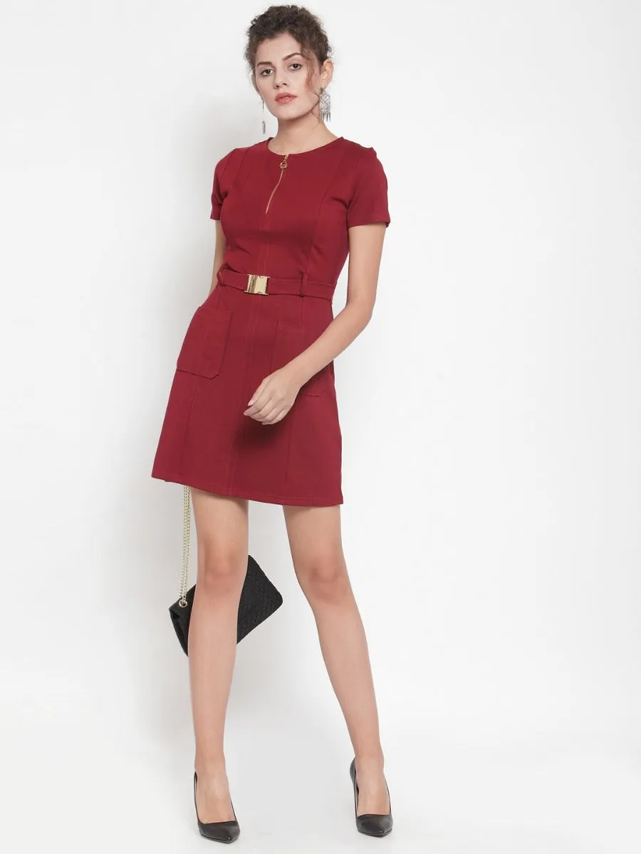 Women Maroon Shift Dress With Pockets