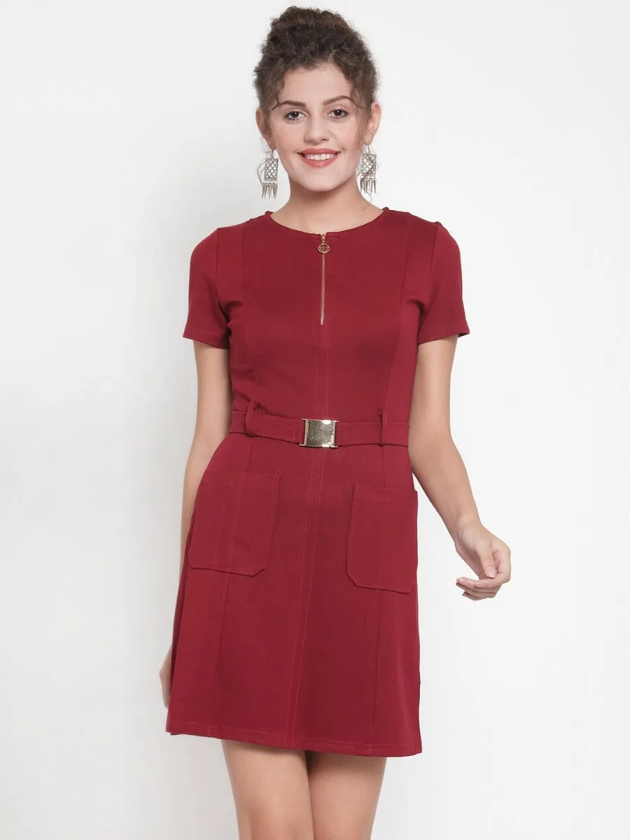 Women Maroon Shift Dress With Pockets