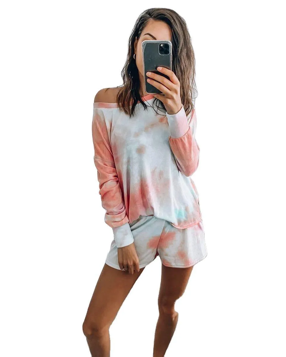 Women Set  Tie Dye Long Sleeve  Top Shirt And Mini Biker Shorts