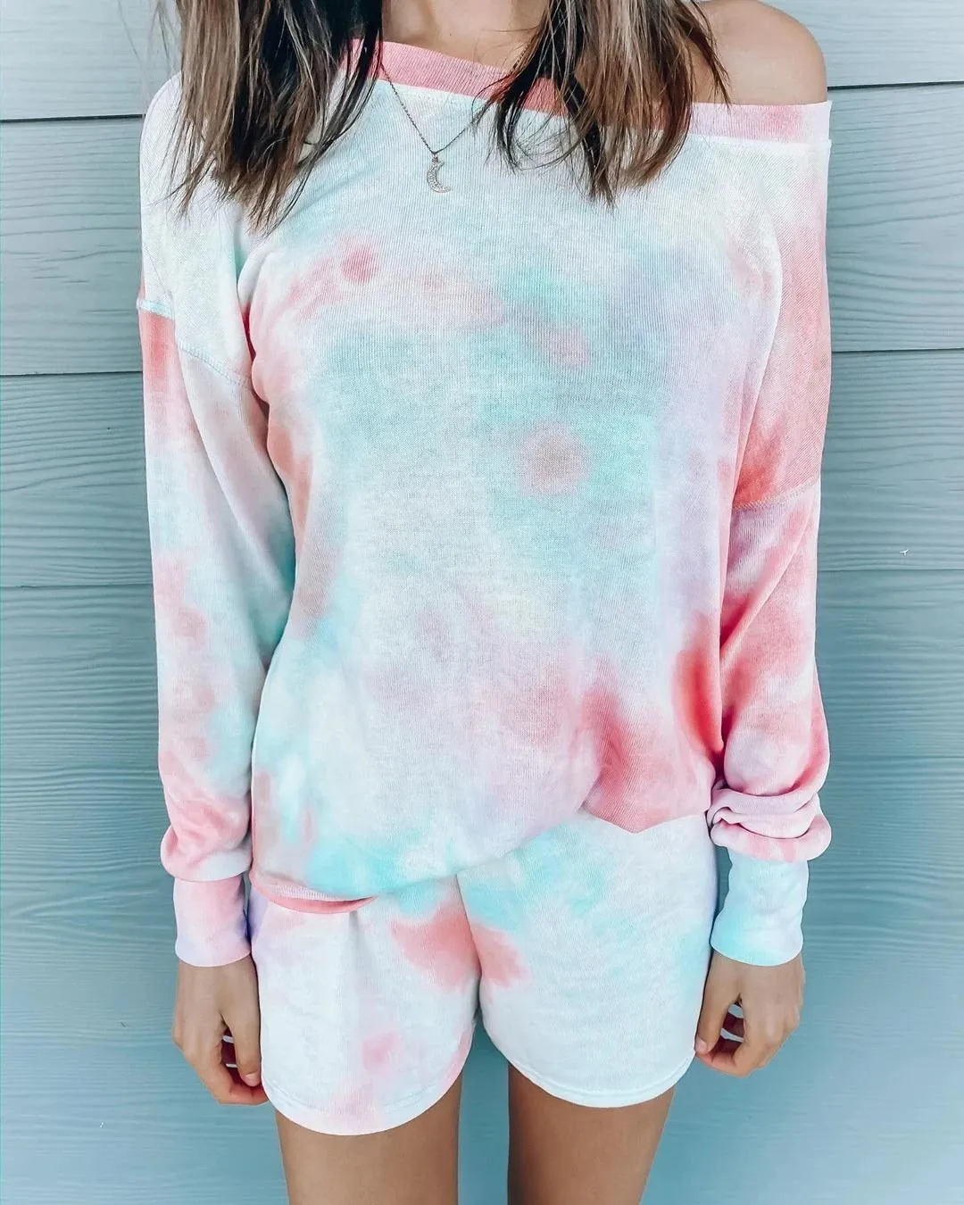 Women Set  Tie Dye Long Sleeve  Top Shirt And Mini Biker Shorts