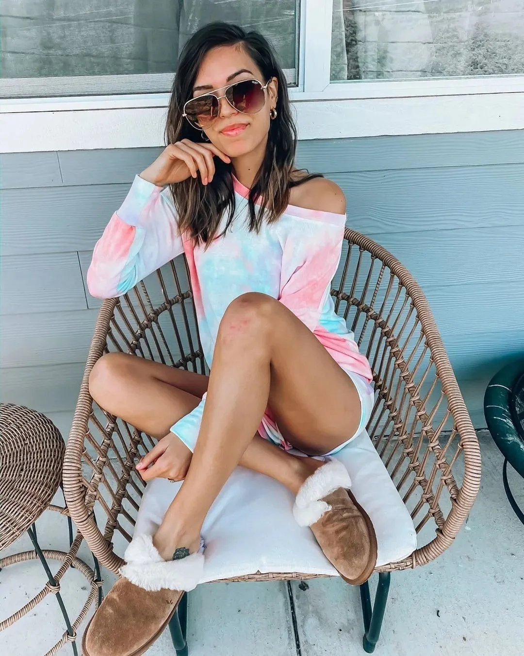 Women Set  Tie Dye Long Sleeve  Top Shirt And Mini Biker Shorts