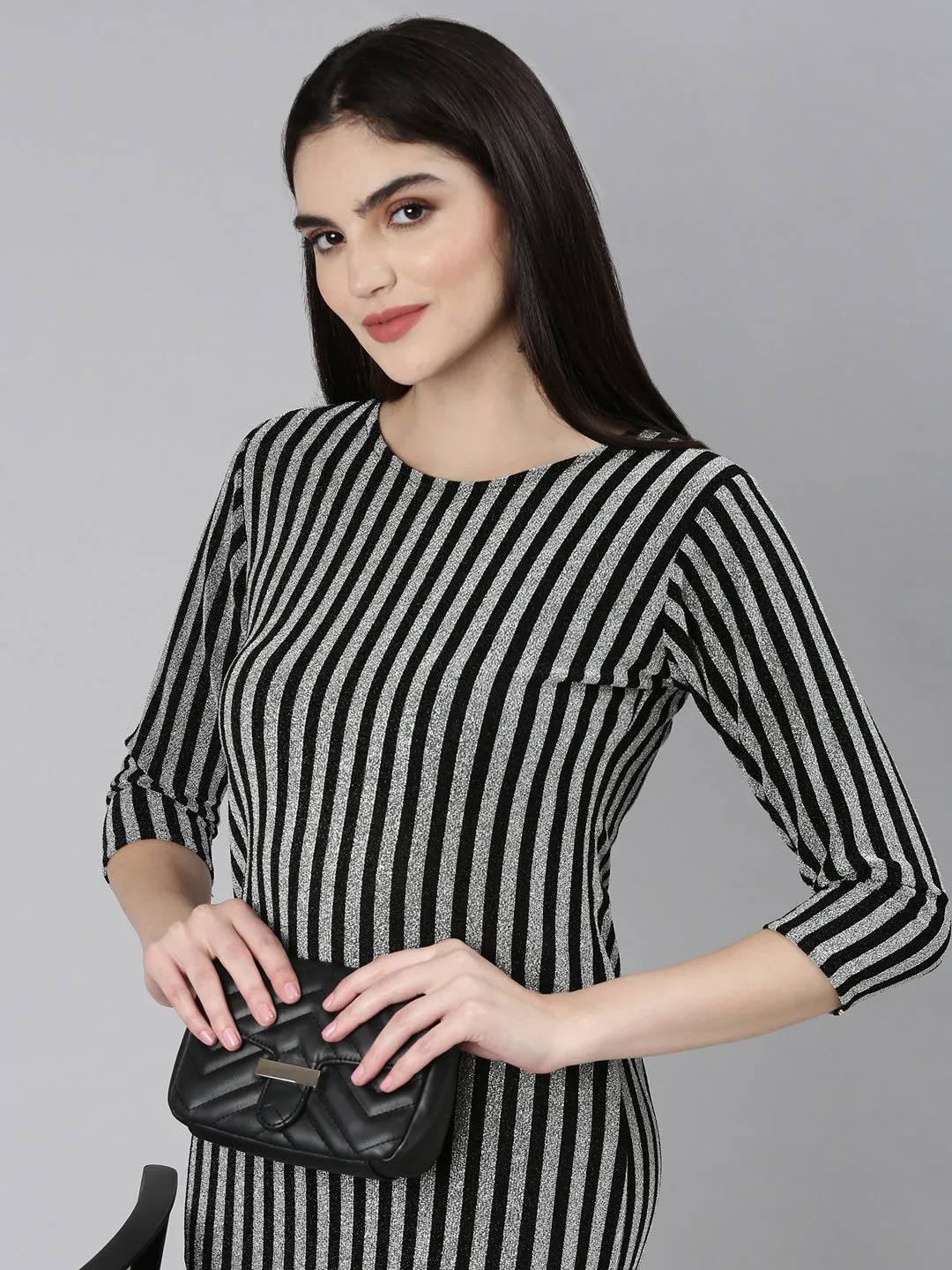 Women Silver Striped Bodycon Dress