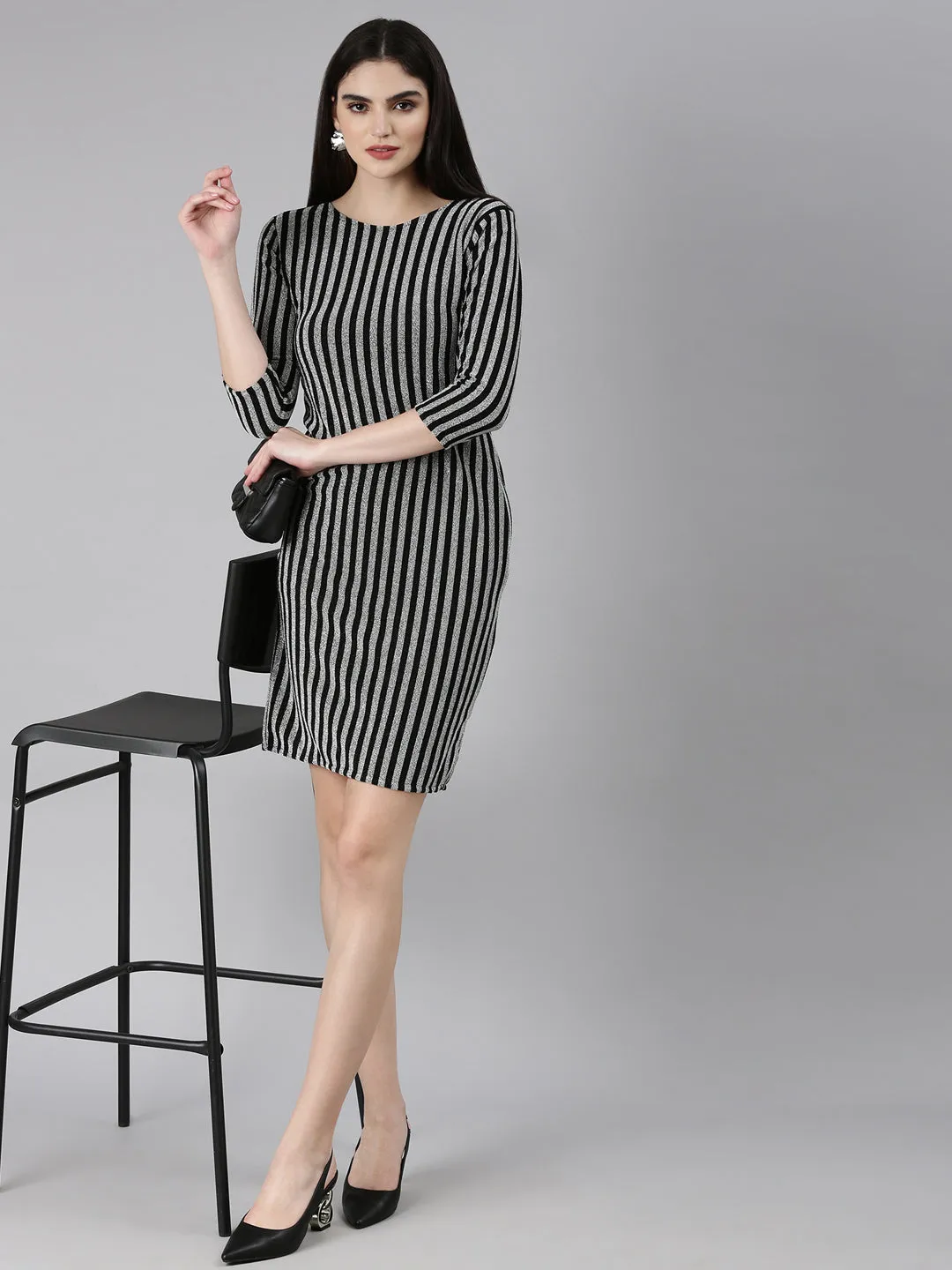 Women Silver Striped Bodycon Dress