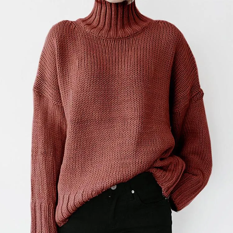 Women solid color knit long sleeve pullover turtleneck sweater