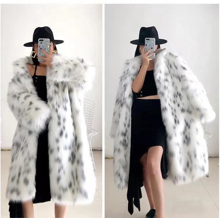 Women Winter New Faux Fox Fur Coats Ladies Casual Snow Leopard Print Fur Jackets Female Thick Warm Mid-long Plush Outerwear