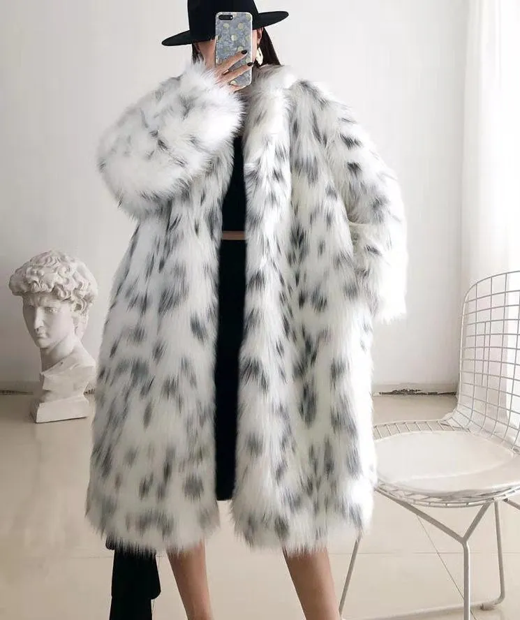 Women Winter New Faux Fox Fur Coats Ladies Casual Snow Leopard Print Fur Jackets Female Thick Warm Mid-long Plush Outerwear