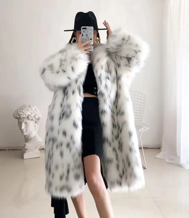 Women Winter New Faux Fox Fur Coats Ladies Casual Snow Leopard Print Fur Jackets Female Thick Warm Mid-long Plush Outerwear