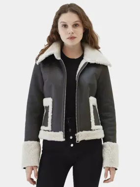 Women’s Black Leather White Shearling Fur Collar Jacket