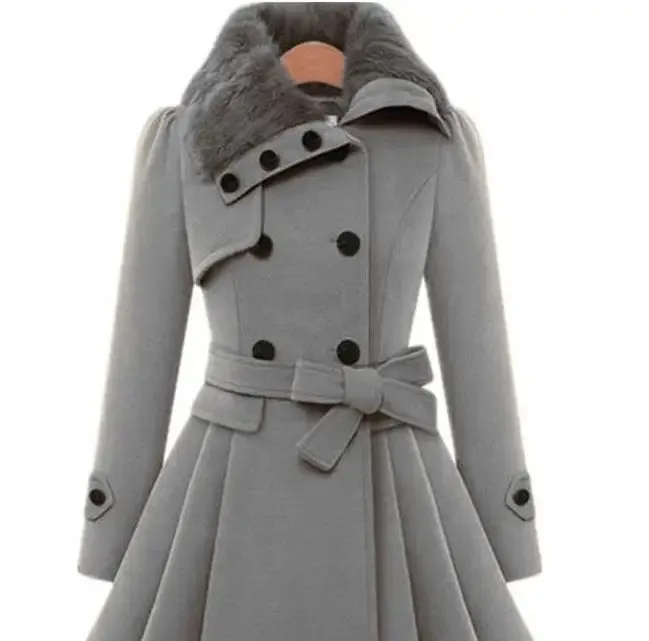 Women’s Fur Collar Long Double Breast Button W/Belt Winter Coat