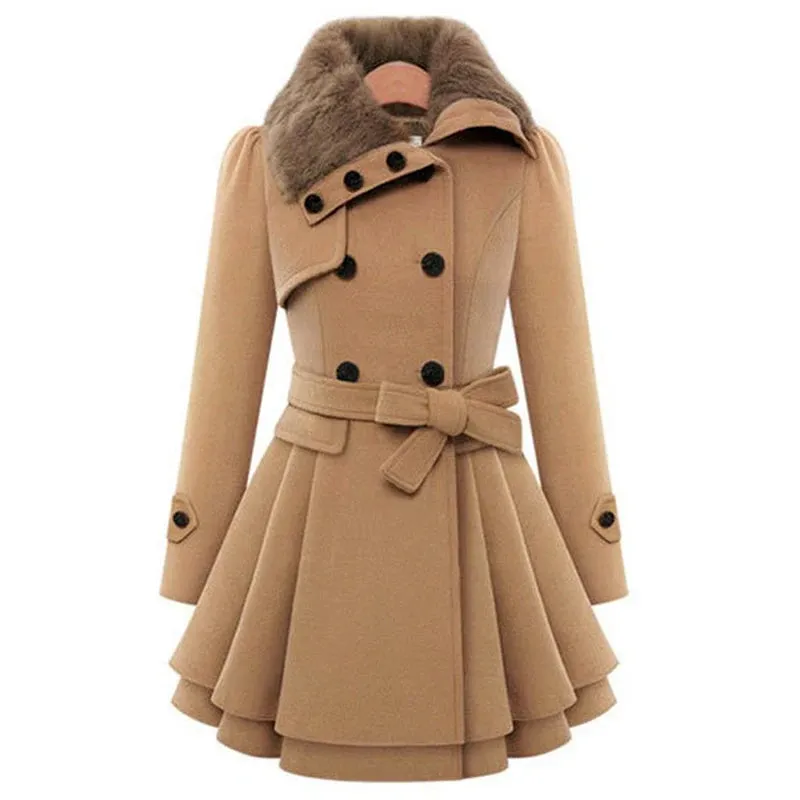 Women’s Fur Collar Long Double Breast Button W/Belt Winter Coat