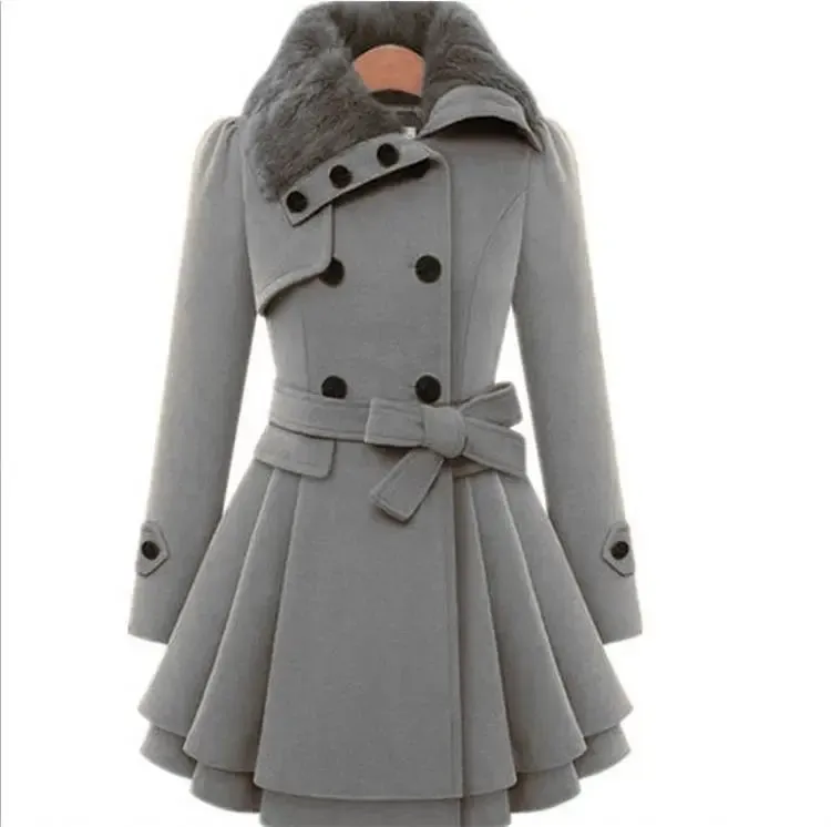 Women’s Fur Collar Long Double Breast Button W/Belt Winter Coat