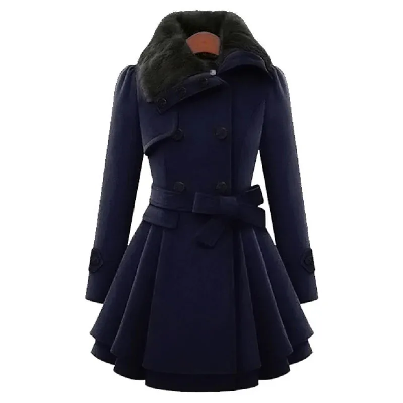 Women’s Fur Collar Long Double Breast Button W/Belt Winter Coat