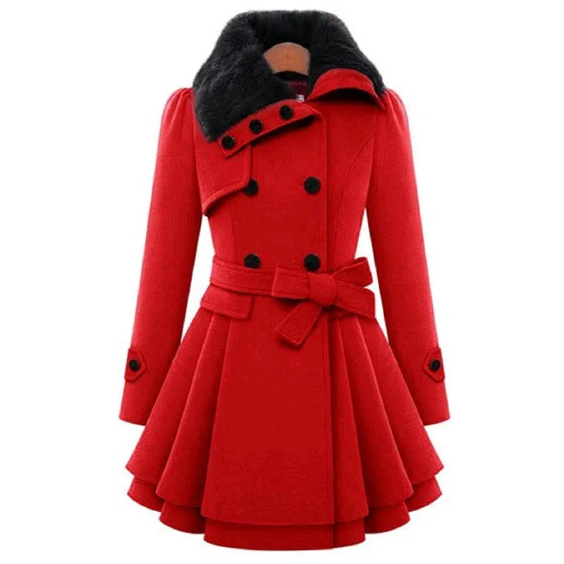 Women’s Fur Collar Long Double Breast Button W/Belt Winter Coat