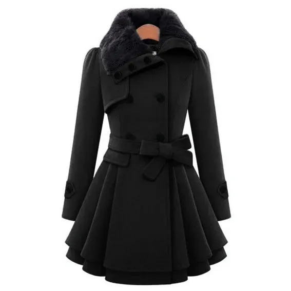 Women’s Fur Collar Long Double Breast Button W/Belt Winter Coat