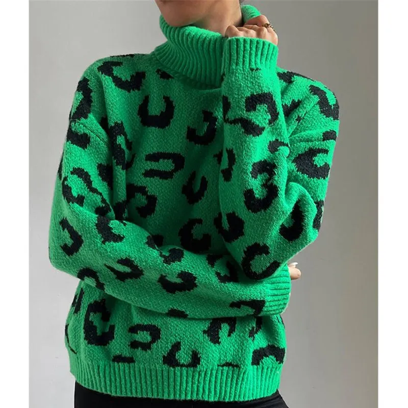 Women's green leopard turtleneck sweater for Christmas