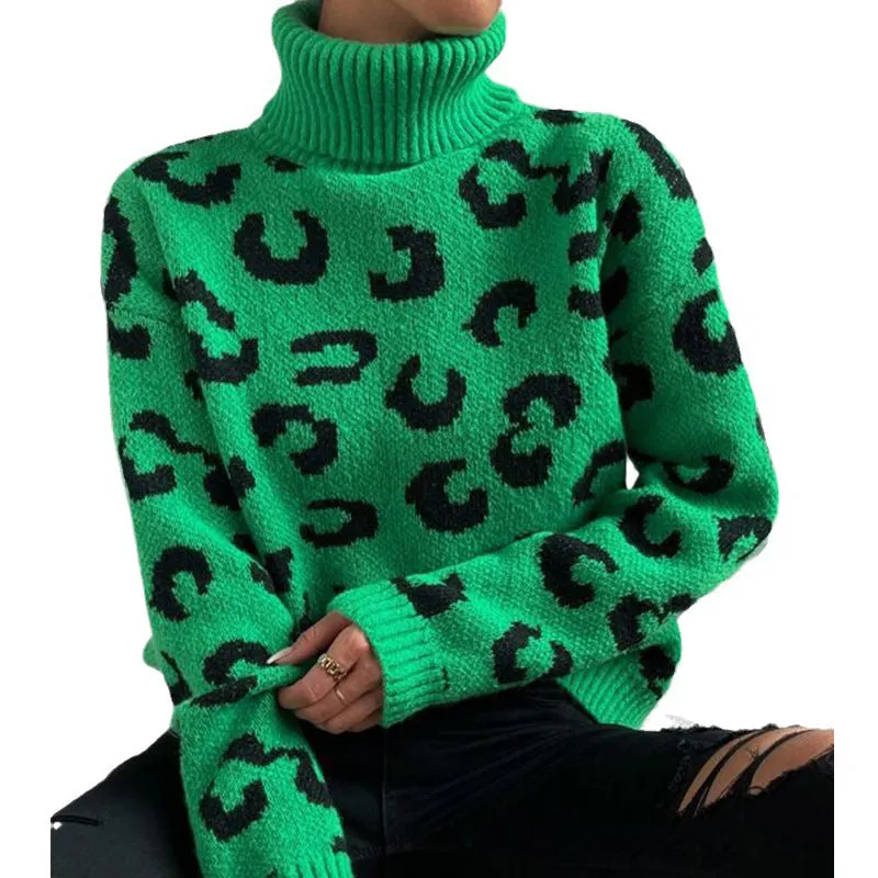 Women's green leopard turtleneck sweater for Christmas