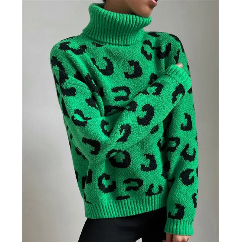 Women's green leopard turtleneck sweater for Christmas