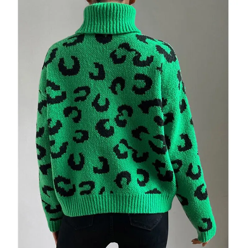 Women's green leopard turtleneck sweater for Christmas