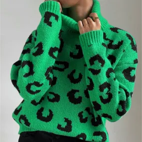 Women's green leopard turtleneck sweater for Christmas