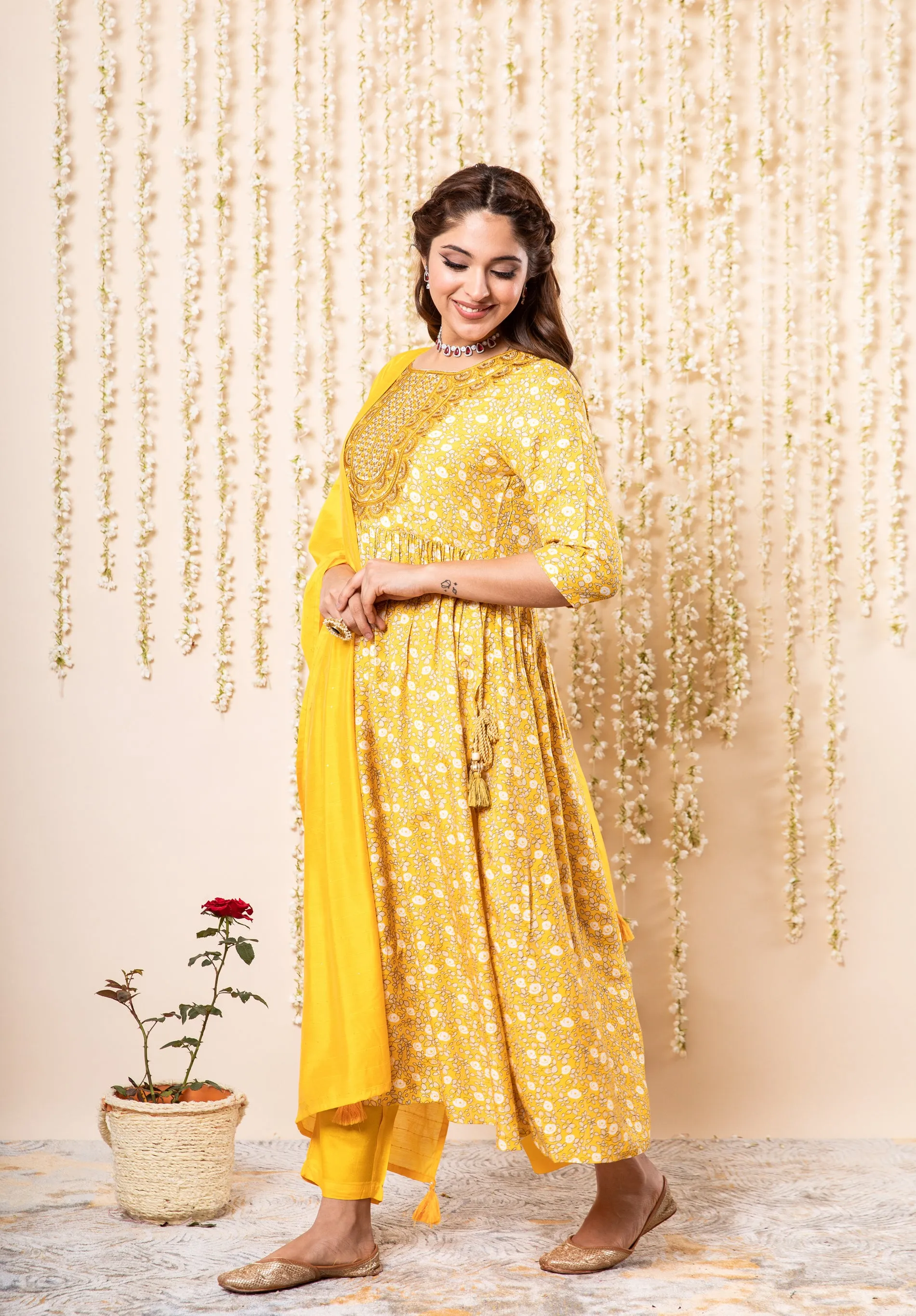 Womens Viscose Muslin Yellow Nyara Cut A-Line Kurta Pant and Dupatta Set