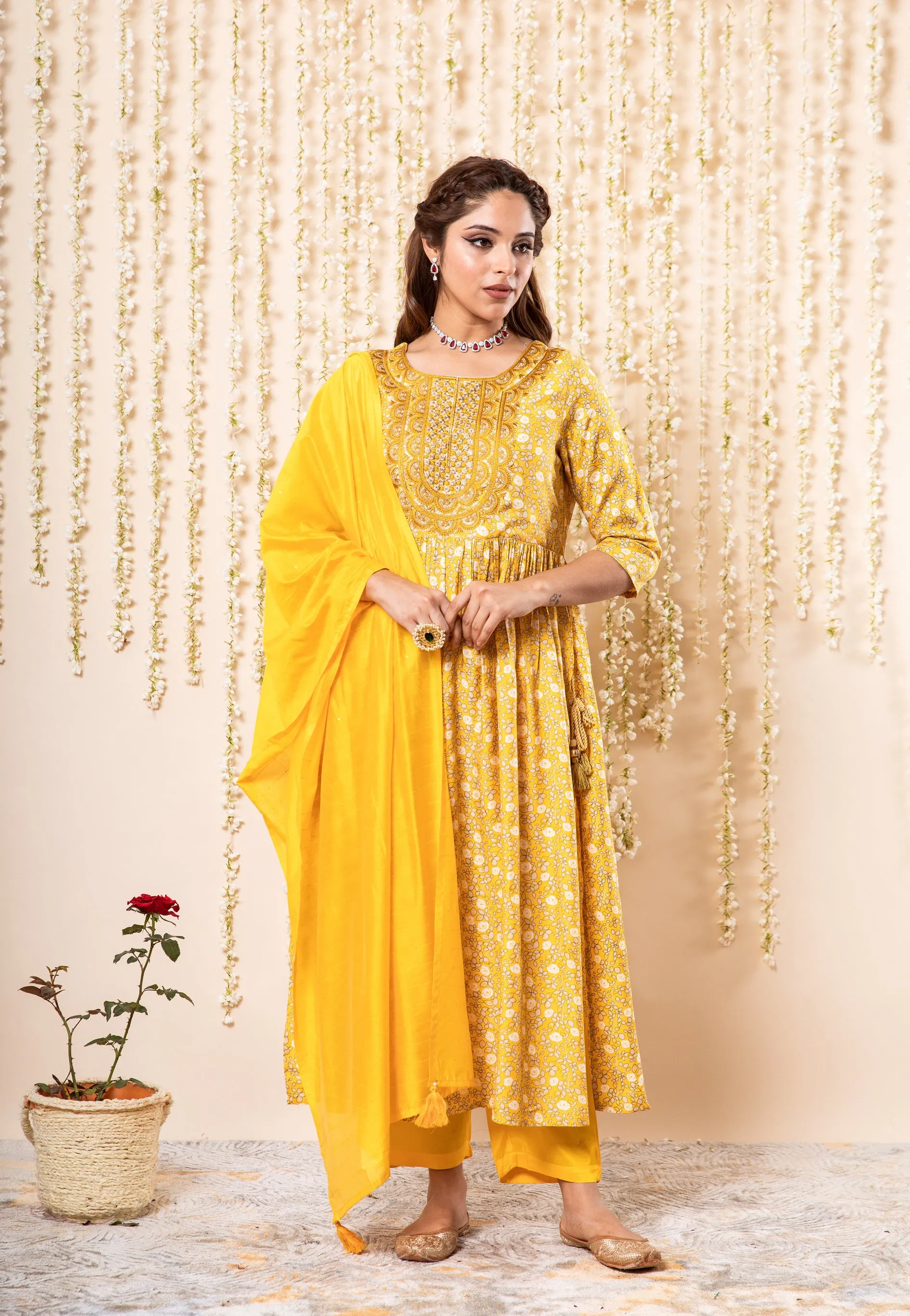 Womens Viscose Muslin Yellow Nyara Cut A-Line Kurta Pant and Dupatta Set