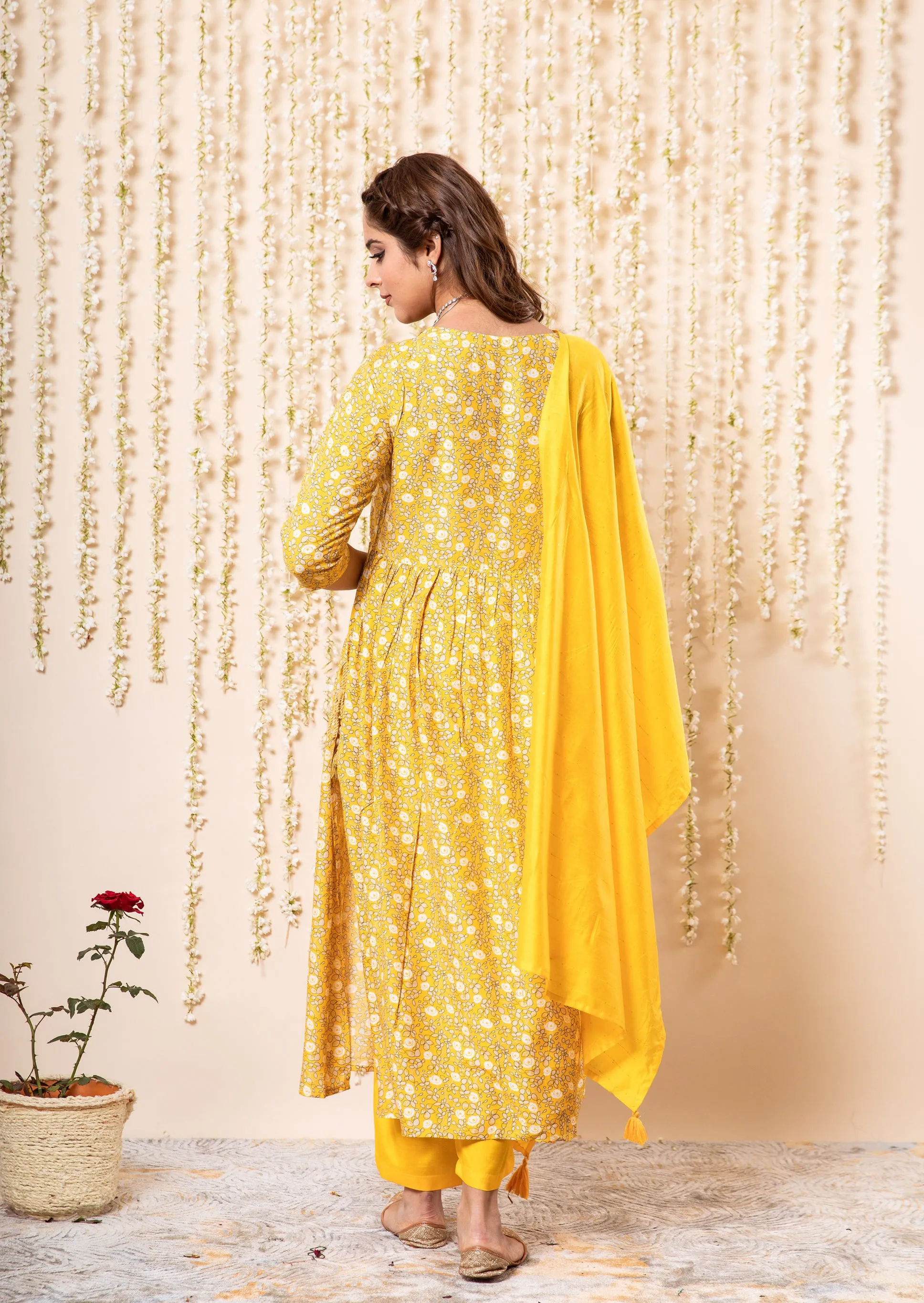 Womens Viscose Muslin Yellow Nyara Cut A-Line Kurta Pant and Dupatta Set