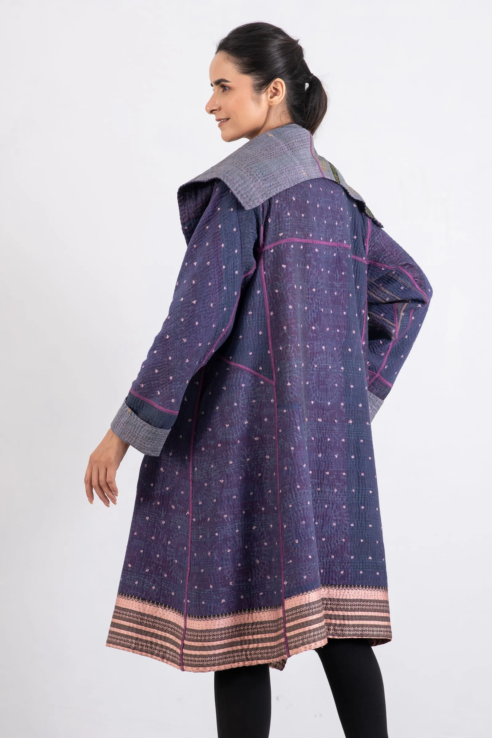 WOVEN VINTAGE COTTON KANTHA A-LINE COAT - fw4309-0001a -