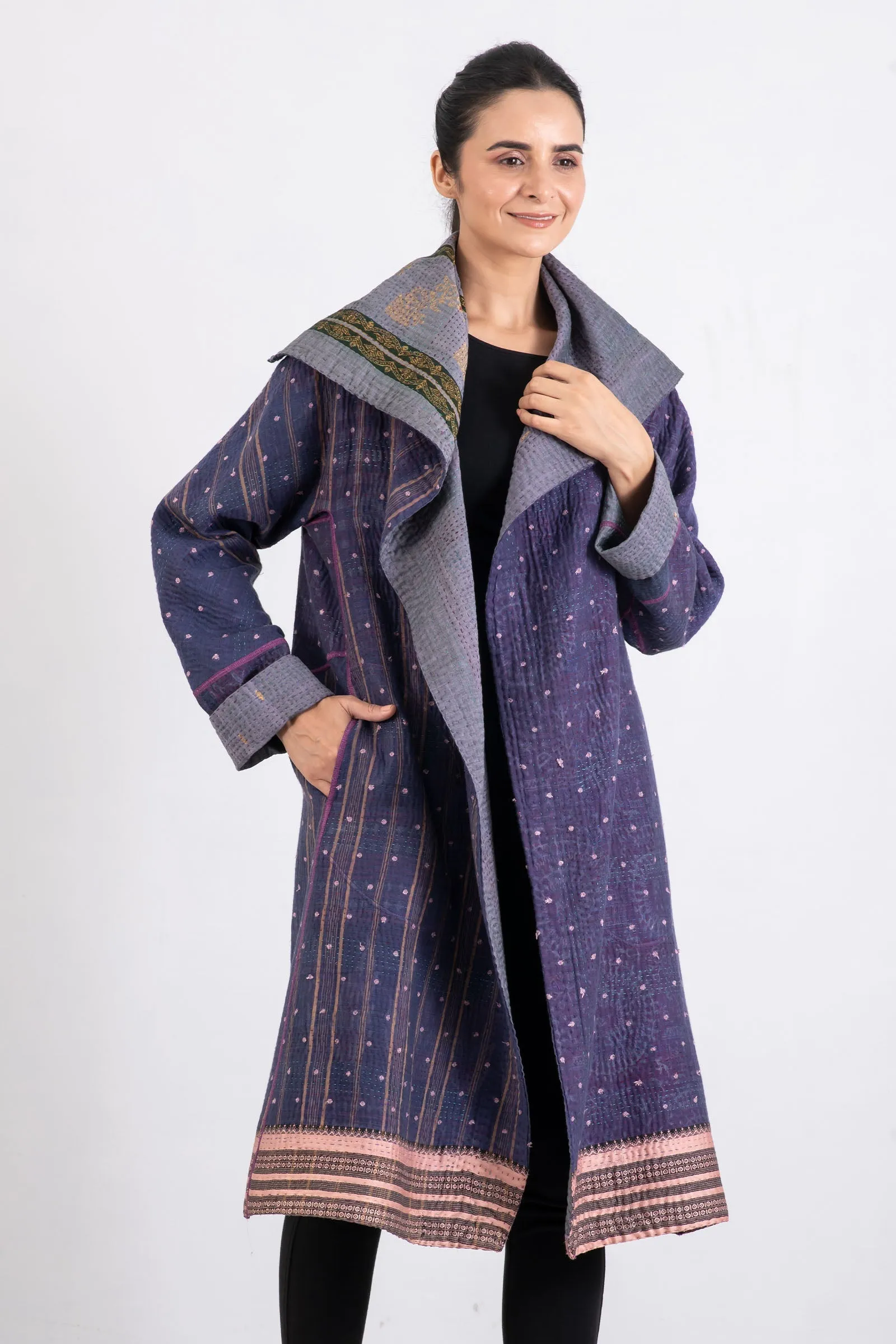 WOVEN VINTAGE COTTON KANTHA A-LINE COAT - fw4309-0001a -