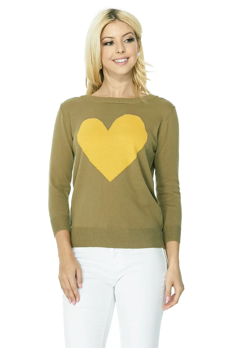 YEMAK Women's Love Heart Chenille Crewneck 3/4 Sleeve Casual Pullover Sweater MK3595