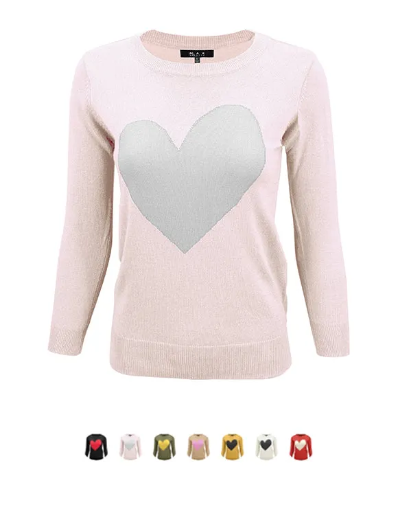 YEMAK Women's Love Heart Chenille Crewneck 3/4 Sleeve Casual Pullover Sweater MK3595