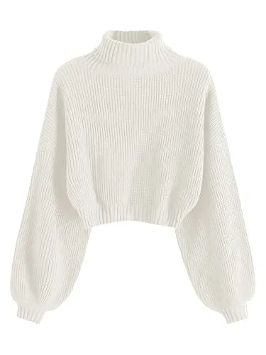 ZAFUL Women's Cropped Turtleneck Sweater Lantern Sleeve Ribbed Knit Pullover Sweater Jumper (2-White, M)