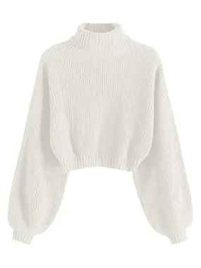 ZAFUL Women's Cropped Turtleneck Sweater Lantern Sleeve Ribbed Knit Pullover Sweater Jumper (2-White, M)